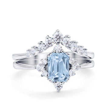 Art Deco Two Piece Wedding Ring Emerald Cut Simulated Aquamarine CZ 925 Sterling Silver